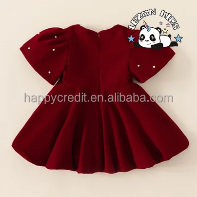 LEZONKIDS - Customizable Wholesale Custom Fleece  Puff Sleeve Beads Red Girls Party Dress for Spring